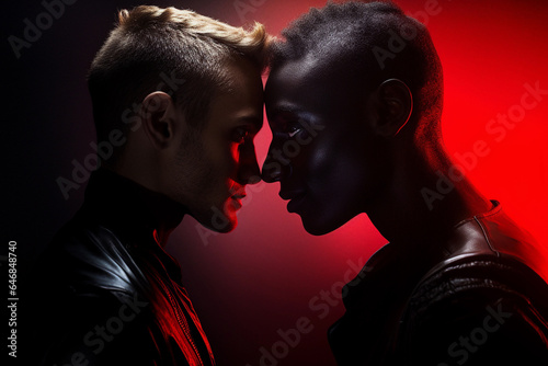 Gay couple kissing each other with pride colors