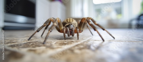 A house spider on a smooth kitchen floor seen from ground level in a residential home.