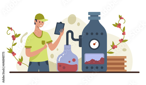 Worker in uniform checking process in manufacture. Making alcohol drinks. Young people dealing with winemaking process. Vector flat illustration in cartoon style in blue and red colors