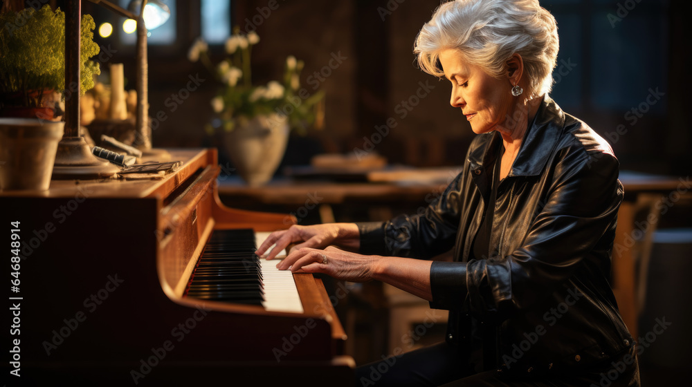 Senior musician plays the piano