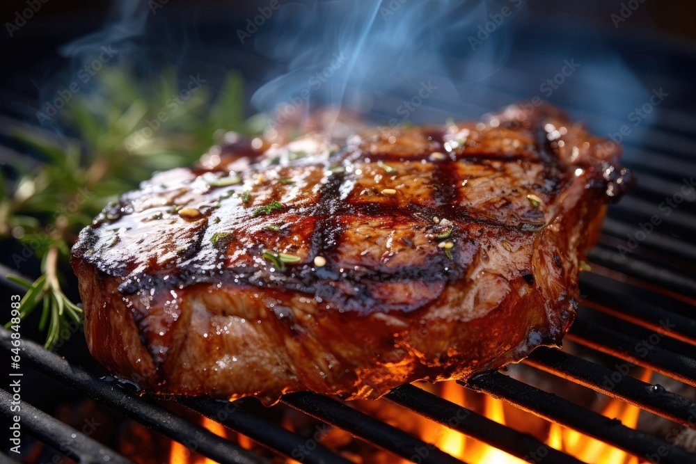 Generative ai of a perfectly grilled ribeye steak sizzling on a hot barbecue grill. Generative ai of a perfectly grilled ribeye steak sizzling on a hot barbecue grill.