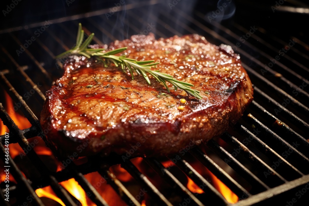 Generative ai of a perfectly grilled ribeye steak sizzling on a hot barbecue grill.