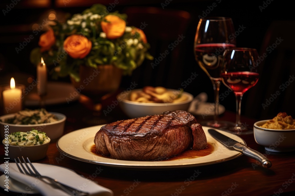 Generative ai of large, delicious steaks are served on a table in a restaurant, enjoyed by candlelight. Generative ai of large, delicious steaks are served on a table in a restaurant, enjoyed by candlelight.