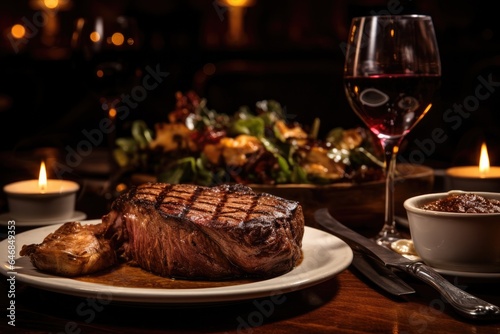 Generative ai of large  delicious steaks are served on a table in a restaurant  enjoyed by candlelight.