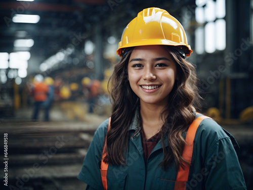 Girl teen worker with safety helmet happy smiling working labor in industry factory with steel