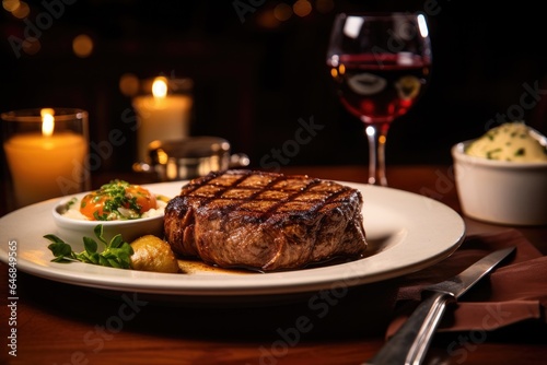 Generative ai of large, delicious steaks are served on a table in a restaurant, enjoyed by candlelight.