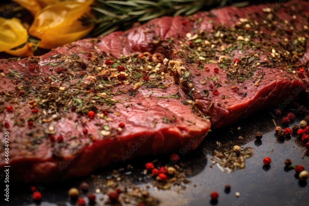 Closeup of beef steak is marinated with spices before being grilled. Generative ai Closeup of beef steak is marinated with spices before being grilled. Generative ai