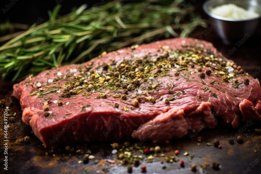 Closeup of beef steak is marinated with spices before being grilled. Generative ai Closeup of beef steak is marinated with spices before being grilled. Generative ai