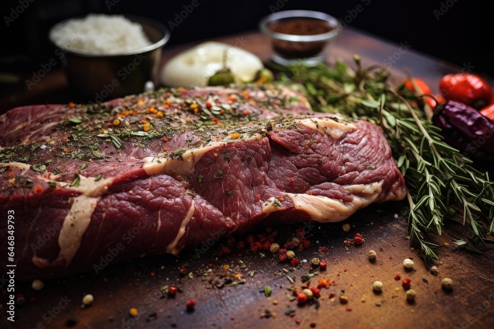 Closeup of beef steak is marinated with spices before being grilled. Generative ai Closeup of beef steak is marinated with spices before being grilled. Generative ai