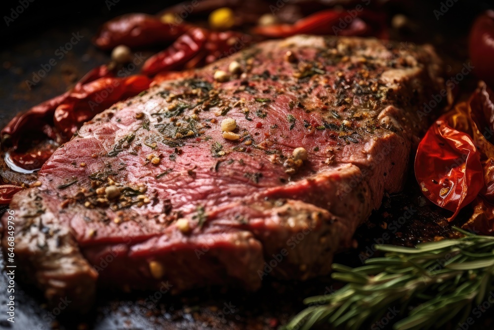 Closeup of beef steak is marinated with spices before being grilled. Generative ai Closeup of beef steak is marinated with spices before being grilled. Generative ai