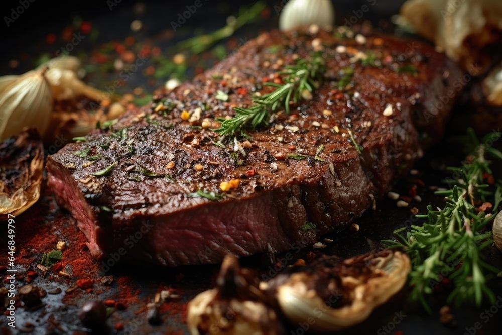 Closeup of beef steak is marinated with spices before being grilled. Generative ai Closeup of beef steak is marinated with spices before being grilled. Generative ai