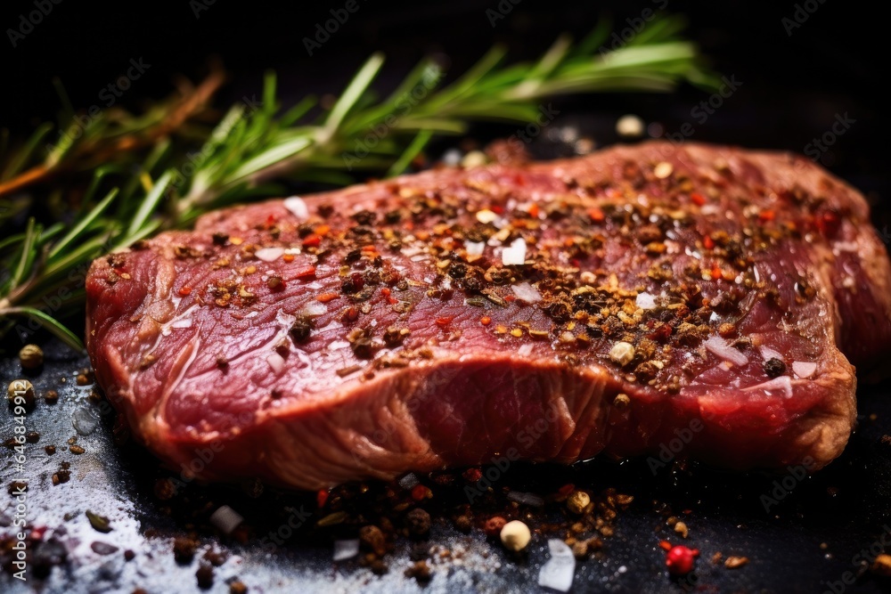 Closeup of beef steak is marinated with spices before being grilled. Generative ai Closeup of beef steak is marinated with spices before being grilled. Generative ai