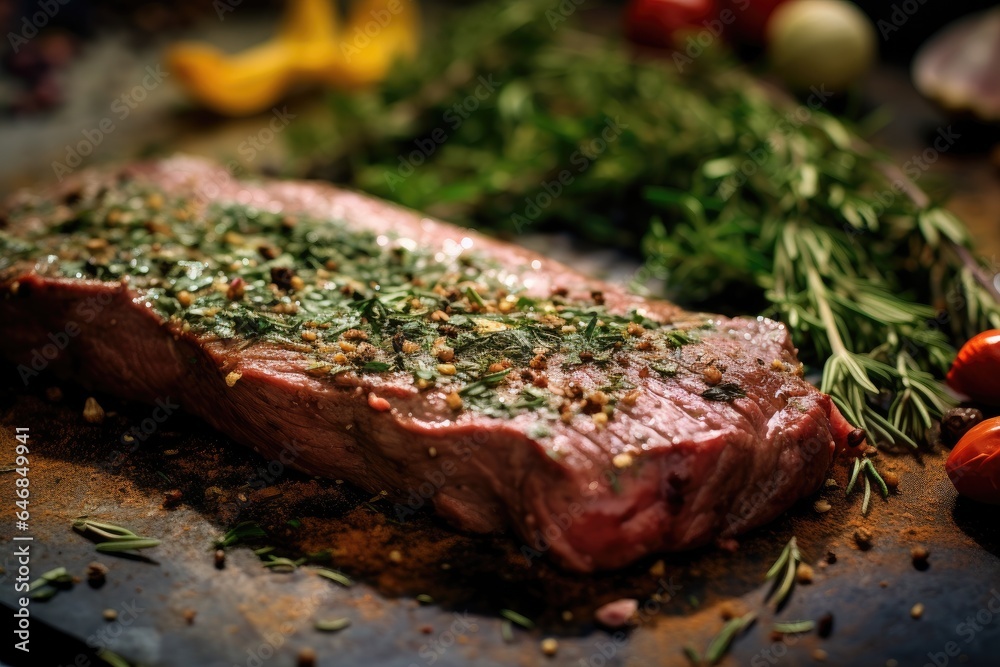 Closeup of beef steak is marinated with spices before being grilled. Generative ai Closeup of beef steak is marinated with spices before being grilled. Generative ai