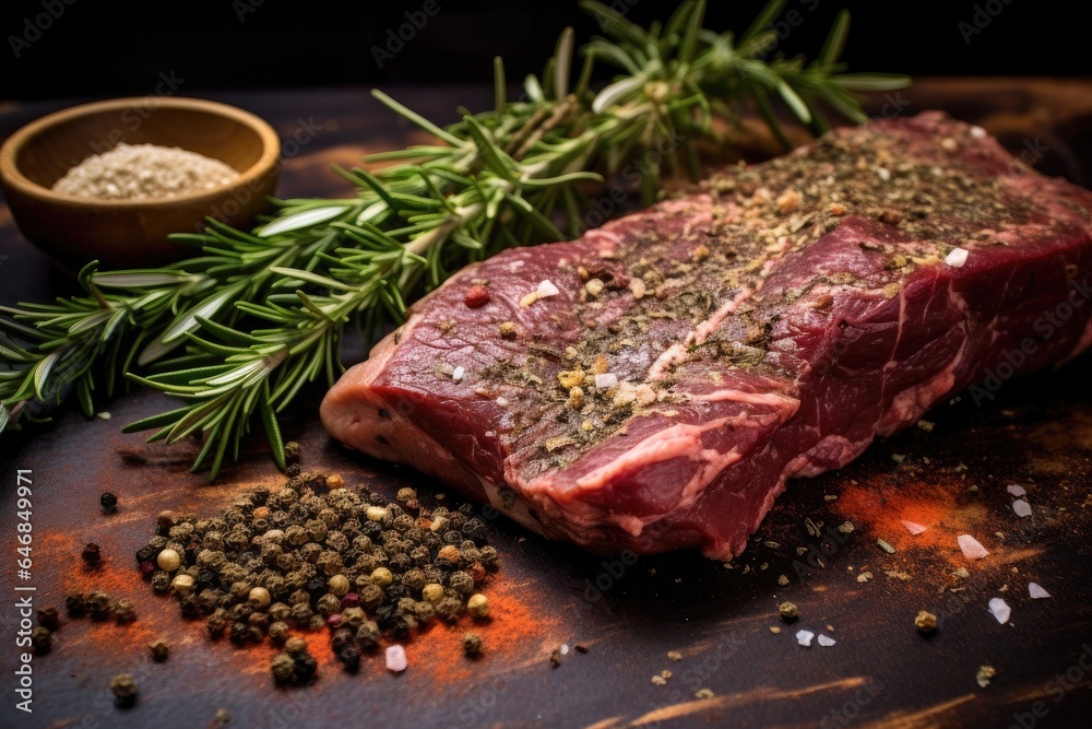 Closeup of beef steak is marinated with spices before being grilled. Generative ai Closeup of beef steak is marinated with spices before being grilled. Generative ai