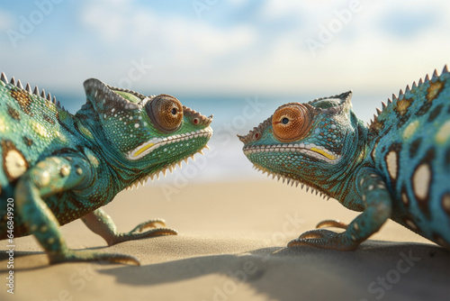 a pair of chameleons are facing each other on the beach