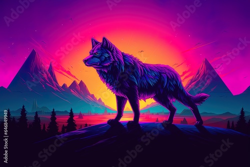 Beautiful wolf mountain landscape colorful illustration. 