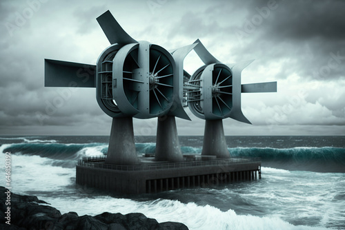 Futuristic tidal turbine docked in asealine at grey sky.Renewable and Alternative energy concept photo