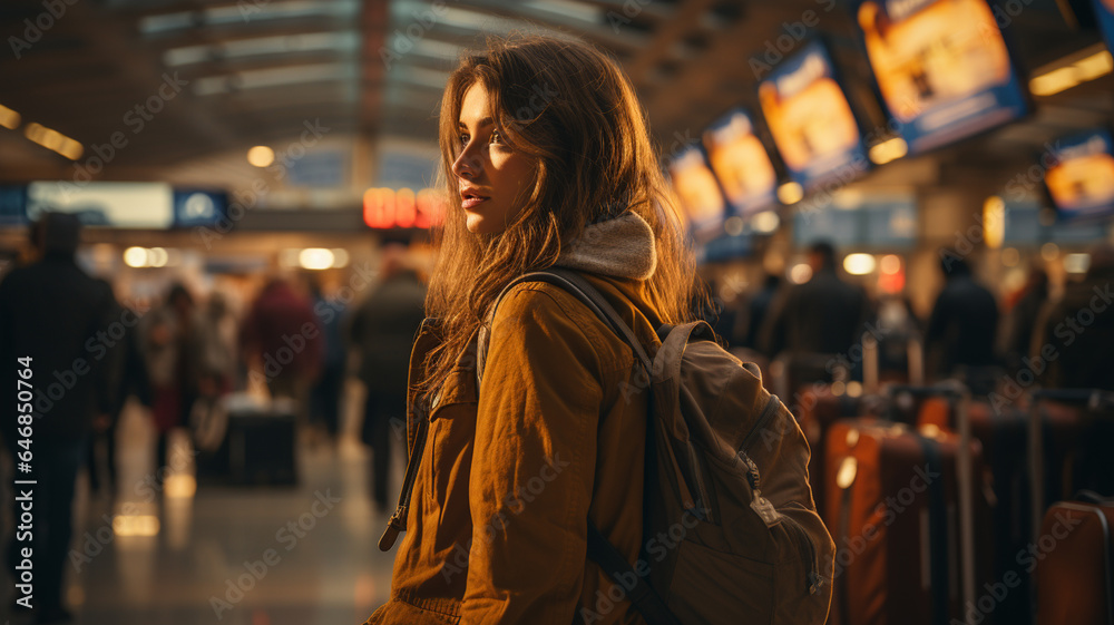 young woman walking in the train station at night, travel and lifestyle concept.
