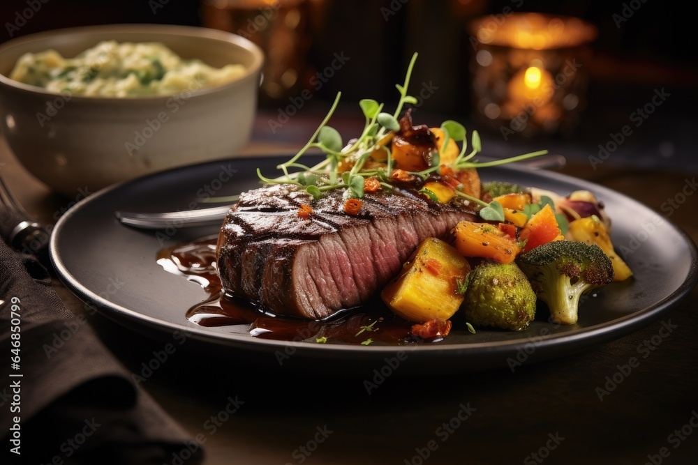 Generative ai of mouthwatering medium rare beef tenderloin steak with vegetables is placed on a plate on the dining table, ready to eat. Generative ai of mouthwatering medium rare beef tenderloin steak with vegetables is placed on a plate on the dining table, ready to eat.