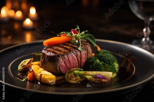Generative ai of mouthwatering medium rare beef tenderloin steak with vegetables is placed on a plate on the dining table, ready to eat.