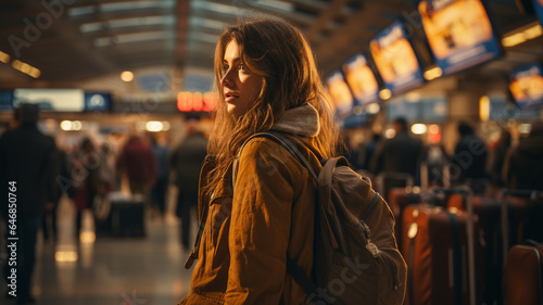 young woman walking in the train station at night, travel and lifestyle concept.