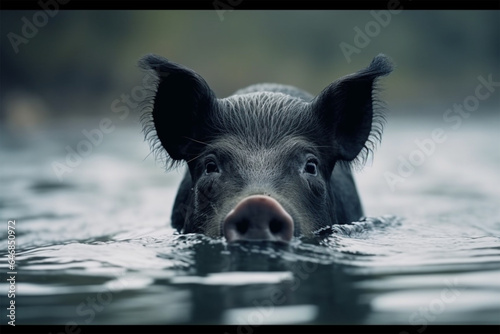 a black pig is swimming