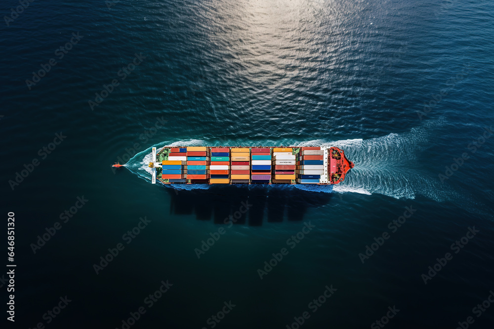Container ship loaded carrying shipping containers in the sea - obrazy, fototapety, plakaty 