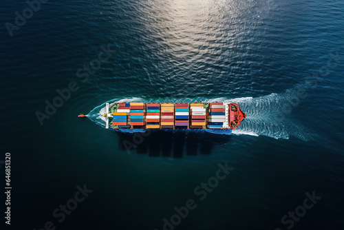 Container ship loaded carrying shipping containers in the sea photo