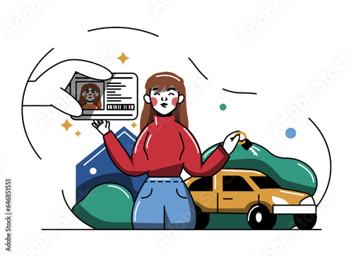 Smiling young woman standing outside, getting car keys and driver license. Practice at driving school. Learning and getting driving license. Flat vector illustration in blue colors