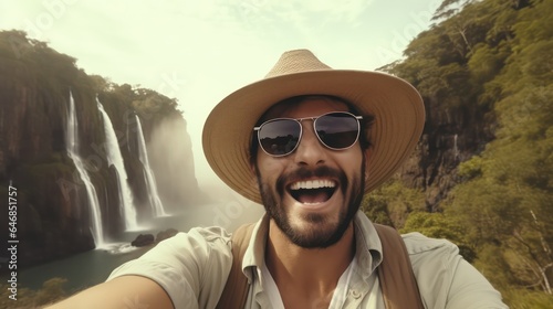 man with a waterfall background