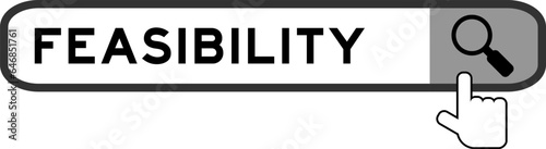 Search banner in word feasibility with hand over magnifier icon on white background