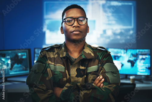 Military, surveillance and portrait of man with arms crossed in security, control room and monitor government, operation or mission. Army, employee and face with pride, confidence and working in tech