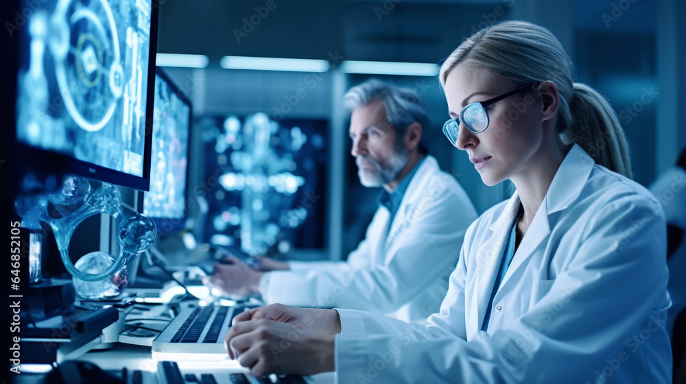 Woman Research Scientist and teamwork examining results in the Laboratory. Researcher team working with Data Scientist on Computer Science Lab. Generative Ai Woman Research Scientist and teamwork examining results in the Laboratory. Researcher team working with Data Scientist on Computer Science Lab. Generative Ai