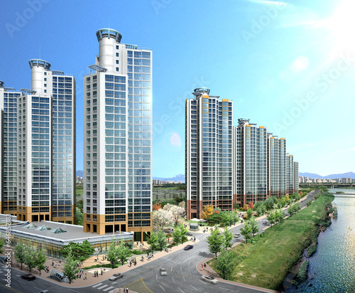 downtown city. 3d architectural rendering of a modern apartment building beside a beautiful river.