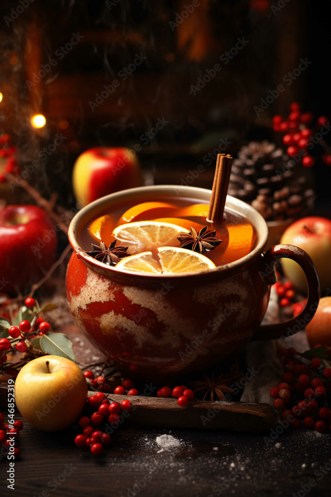 Mulled wine with spices and orange. Autumn design poster.