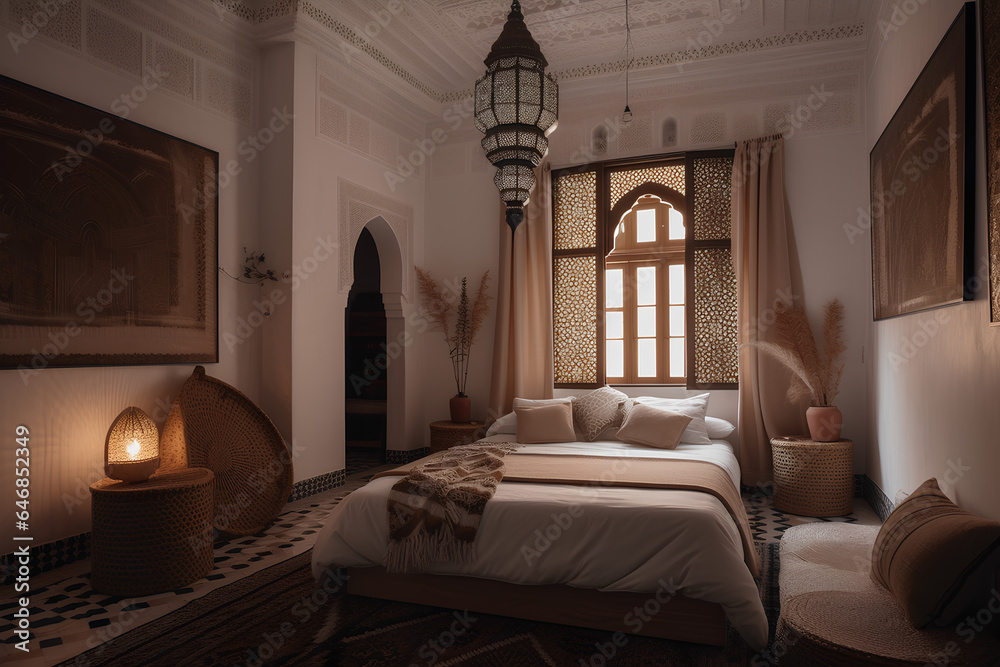 Moroccan style bedroom interior with modern bed in luxury house.