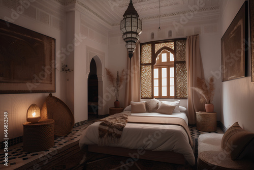 Moroccan style bedroom interior with modern bed in luxury house. © tynza