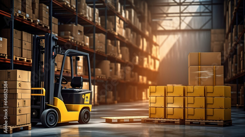 Large modern warehouse with a forklift photo