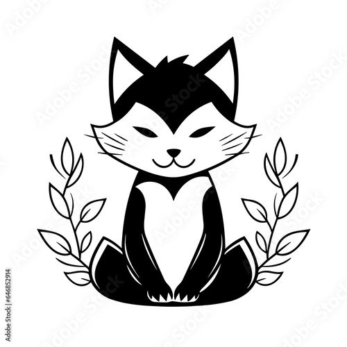 Fox meditating lotus position. Yoga and meditation logo concept. Black and white minimalist vector illustration for meditation practice.