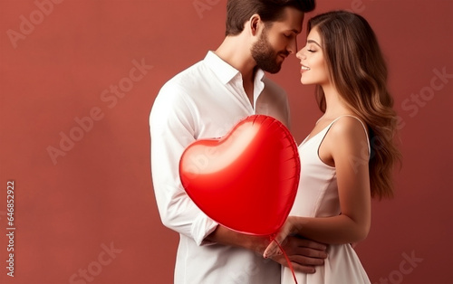 couple in love with big inflatable heart hugging together while celebrating Saint's Day. Generative Ai