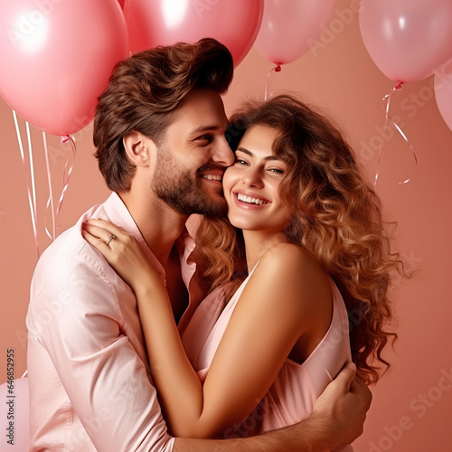 happy young couple hugging against the background of balloons in honor of Valentine s Day. Generative Ai