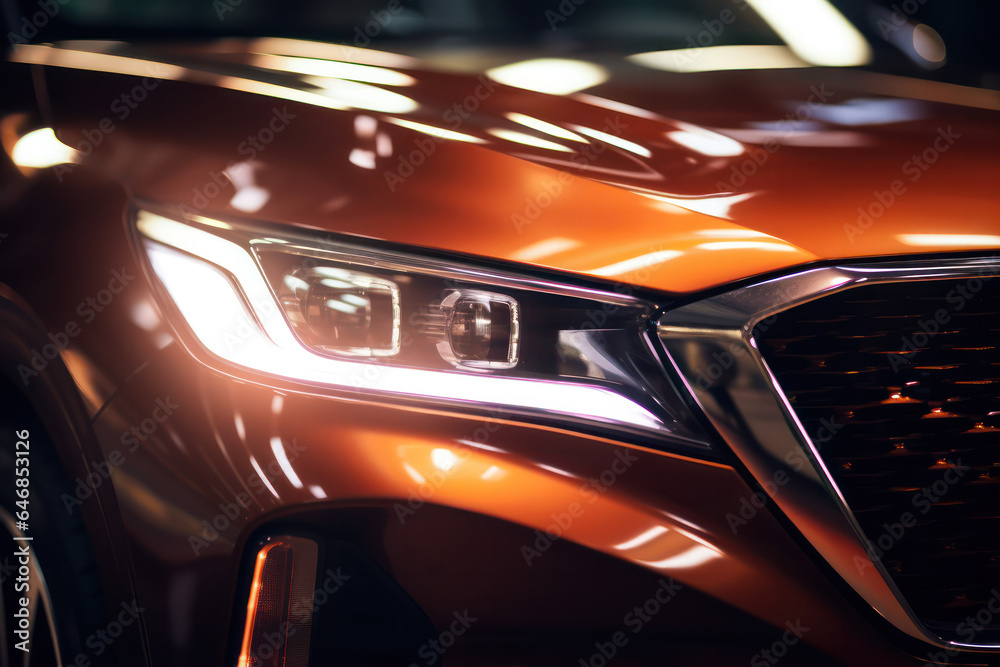 Fototapeta premium Precision Illumination: Close-up View of Twin-Line LED Headlights, Showcasing Automotive Technological Excellence