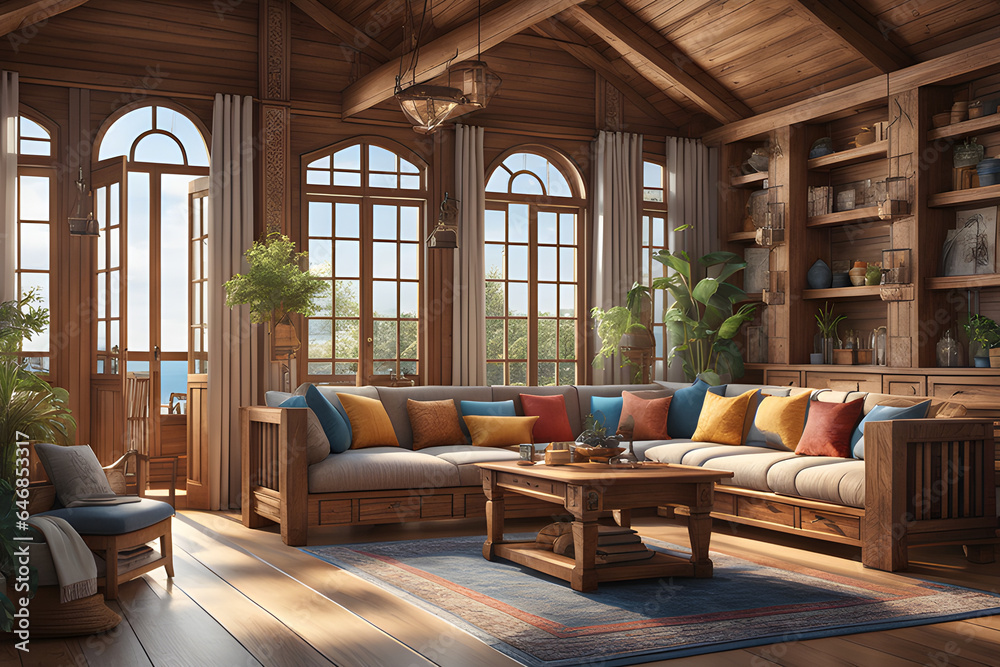 the interior of a house decorated with wood
generative ai