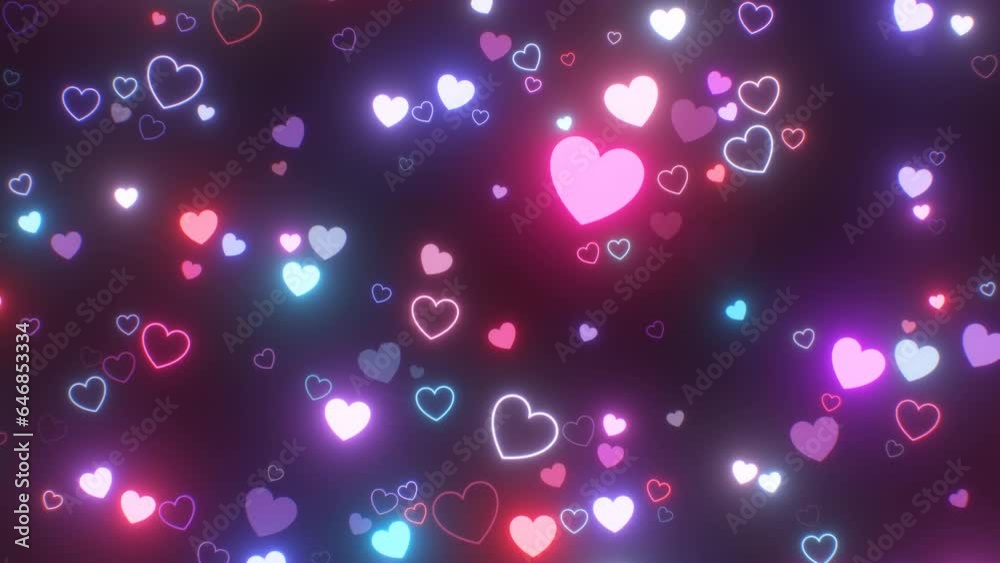 Pretty Purple And Pink Neon Glowing Love Heart Shapes Flashing Lights - 4K Seamless VJ Loop Motion Background Animation