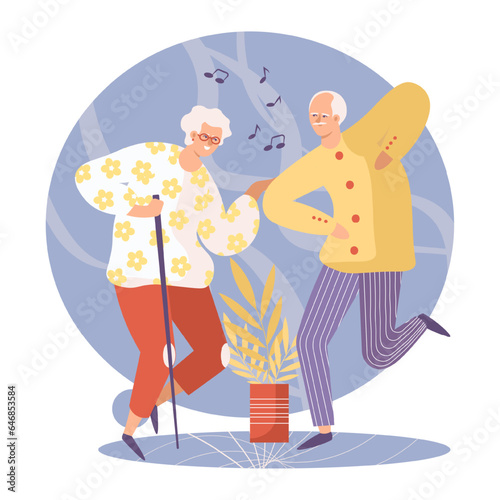Happy senior woman and man dancing together. Concept of happy retirement. Recreation in restaurant. Active life for seniors. Flat vector illustration in purple colors
