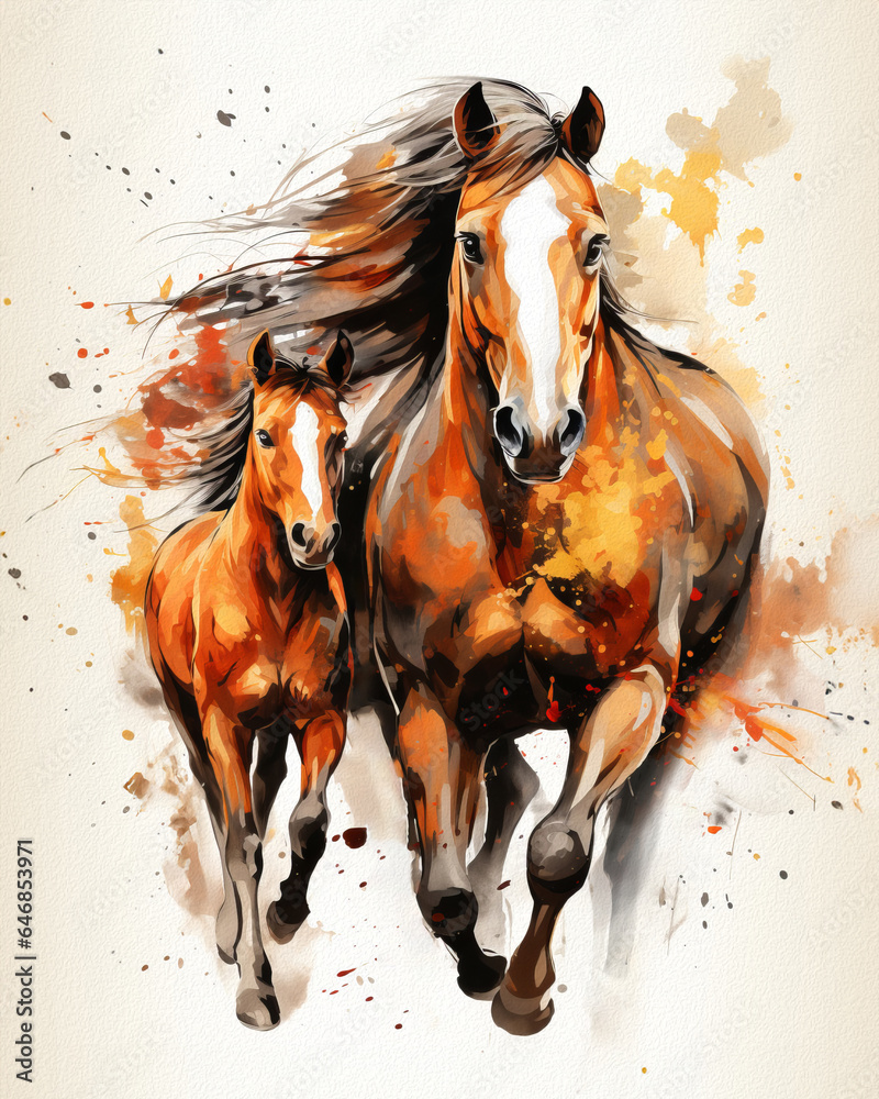 Fototapeta Painting of Two Horses Galloping Free, a Delicate Brushwork Capturing Movement and Emotion