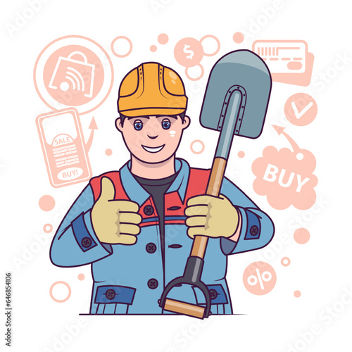 Man in uniform bout shovel in online store. Shopping via modern gadgets. Buying different instruments for work with wood. Flat vector illustration in cartoon style