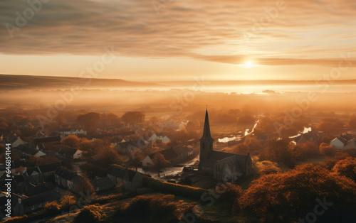 Sunrising on small European town on hillside, covered in mist. Golden hour concept