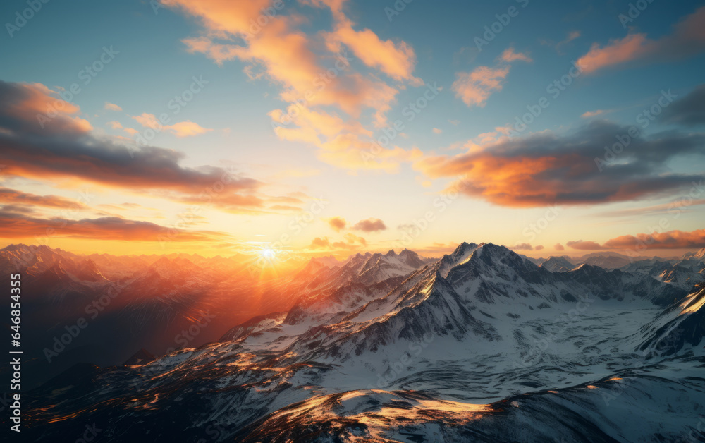 Sunrise on beautiful mountain peaks. Golden Hour. Landscape, travel hiking concept.