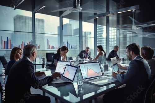 Business people group meeting in office. Professional businesswomen, businessmen, and office workers work in team conferences with project planning documents on the meeting table.